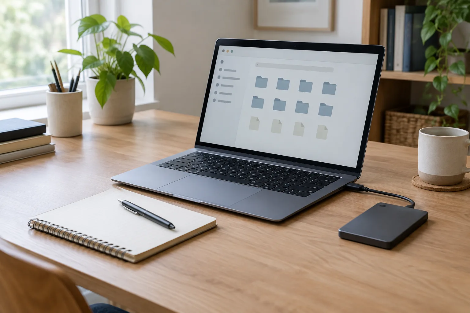 Un ordinateur portable, un carnet et un disque de stockage externe disposés sur un bureau rangé.