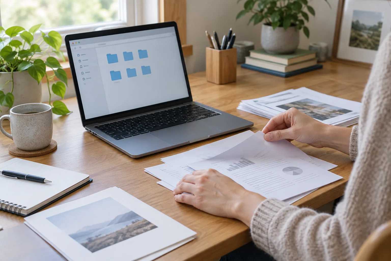 Un ordinateur portable ouvert sur un espace de travail rangé, avec des documents papier triés à côté.