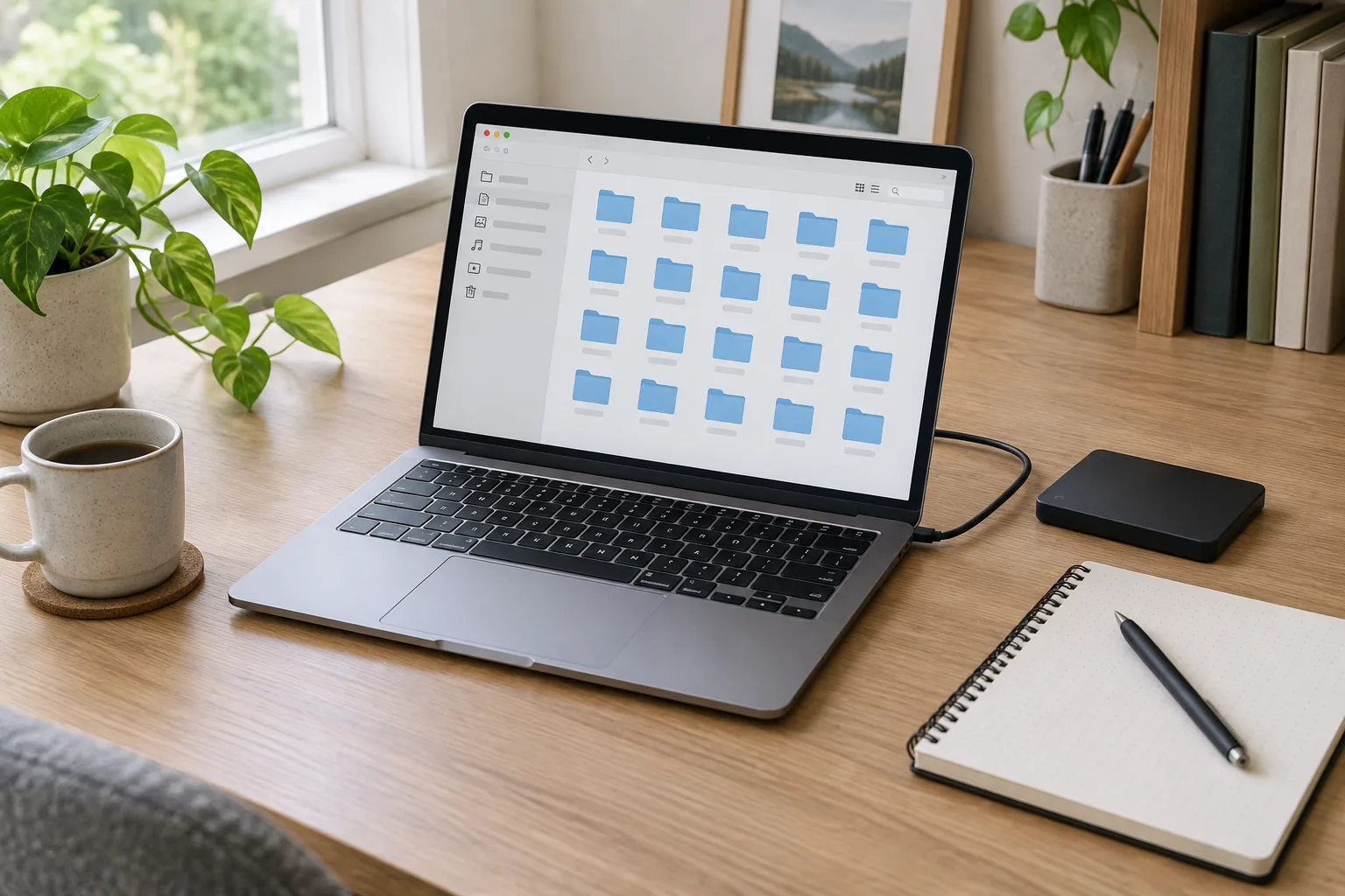 Un ordinateur portable et un disque externe posés sur un bureau rangé, évoquant le classement et la sauvegarde de fichiers.