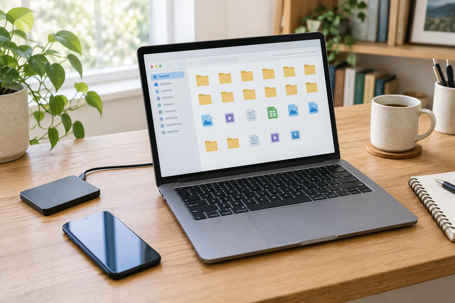 Ordinateur portable et téléphone posés sur un bureau rangé, avec un espace de stockage externe à proximité.