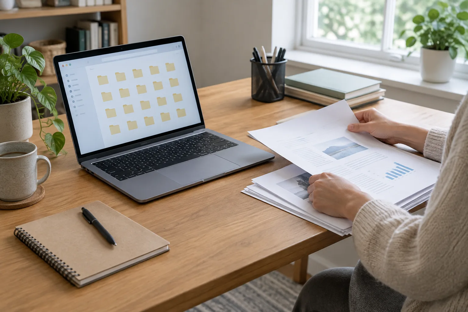 Un ordinateur portable ouvert sur une organisation de dossiers, à côté de documents papier triés sur un bureau.