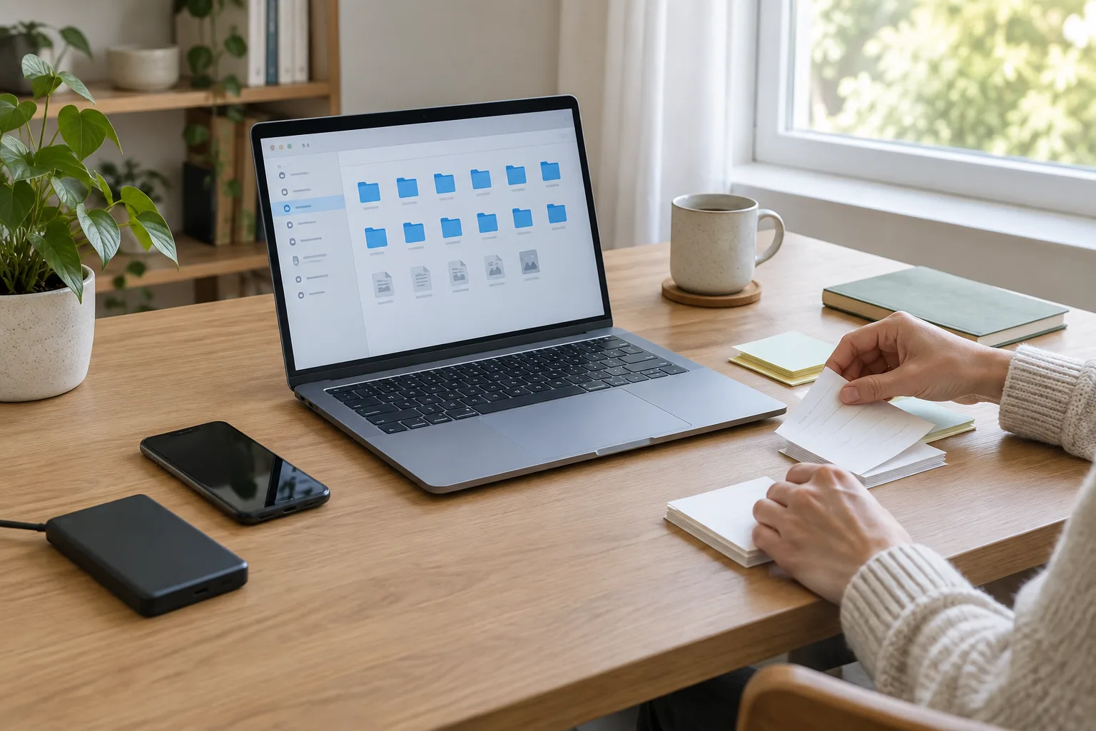 Un ordinateur portable, un téléphone et un disque externe réunis sur un bureau organisé.