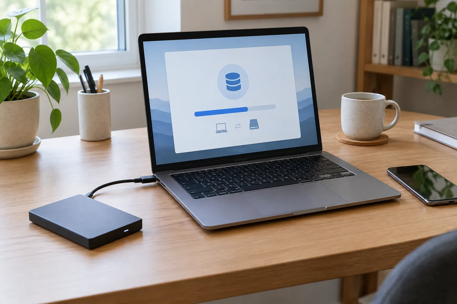 Un disque externe relié à un ordinateur sert à conserver une copie séparée des photos.