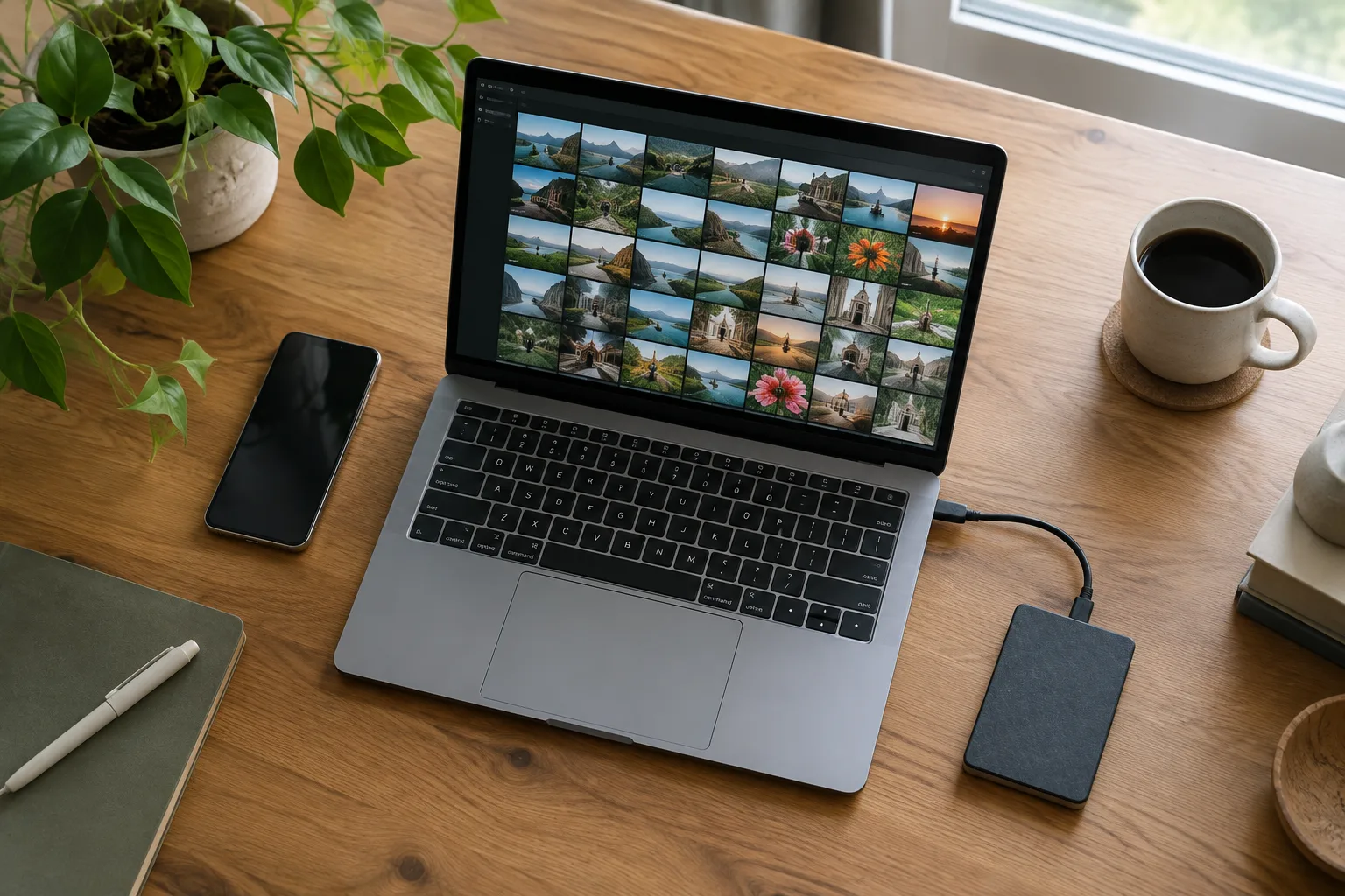 Un ordinateur, un téléphone et un disque externe réunis sur un bureau pour organiser et sauvegarder des photos.