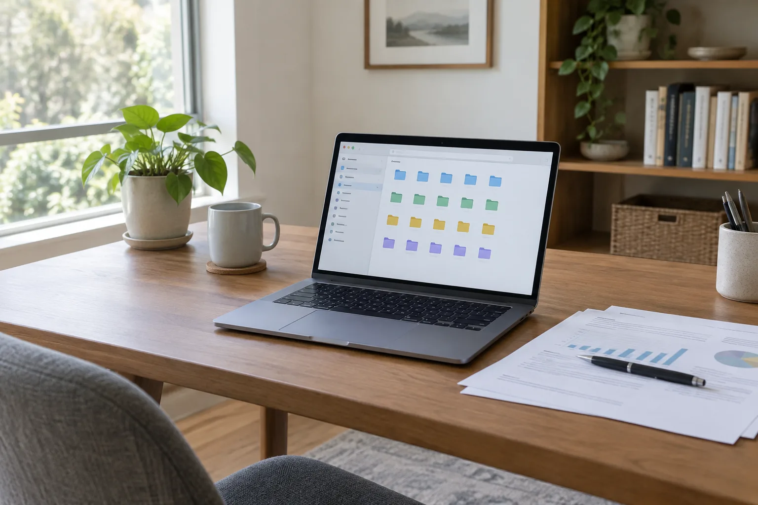 Un ordinateur portable ouvert sur une organisation de dossiers, avec quelques documents posés sur un bureau.