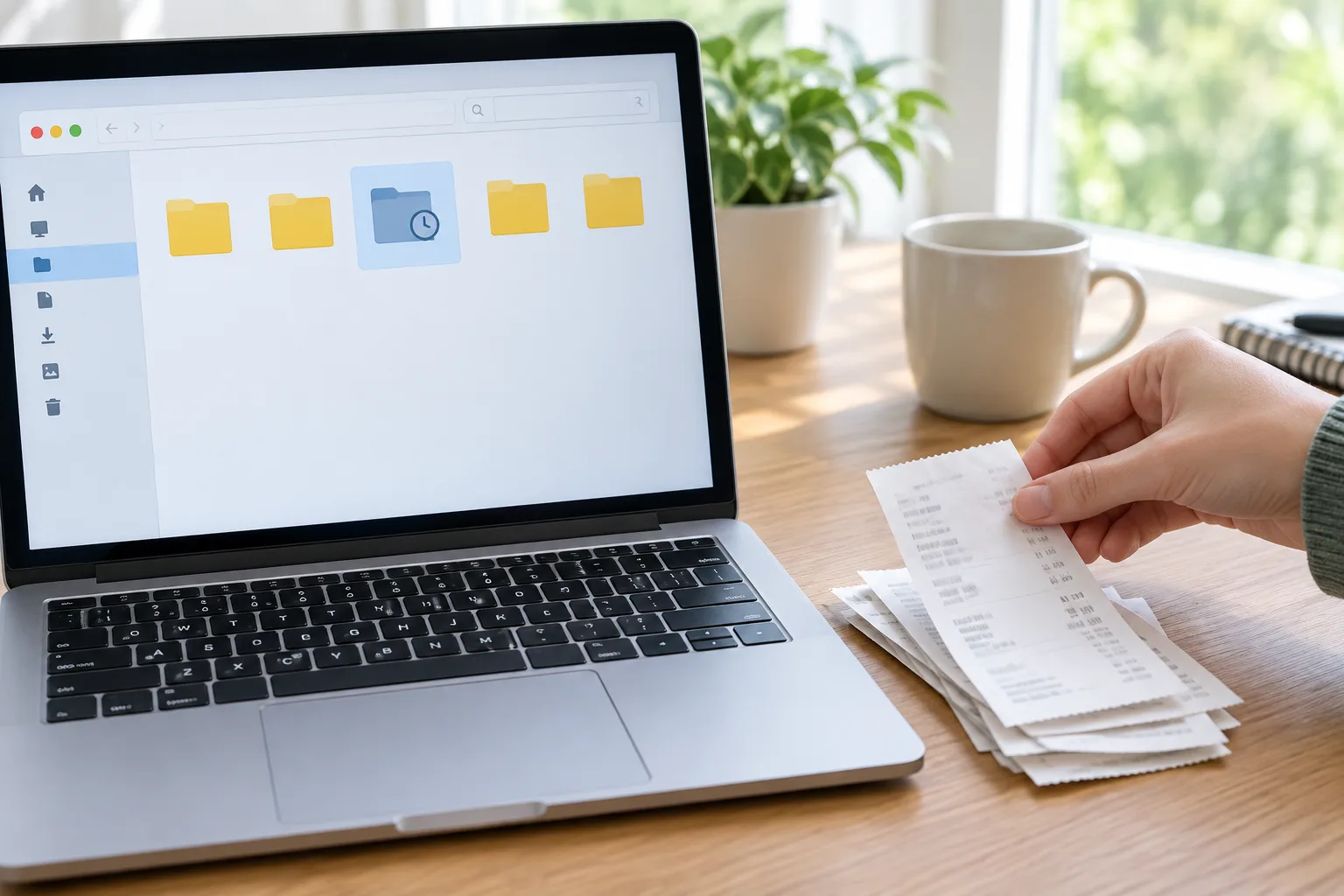 Un dossier temporaire apparaît dans un gestionnaire de fichiers, à côté d’un reçu à classer.
