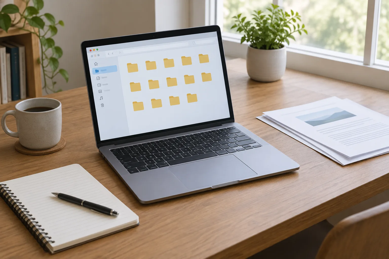 Un ordinateur ouvert sur des dossiers numériques, posé sur un bureau avec quelques documents papier.